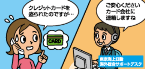 「クレジットカードを盗られたのですが・・・」「[東京海上日動海外総合サポートデスク]ご安心ください カード会社に連絡しますね」